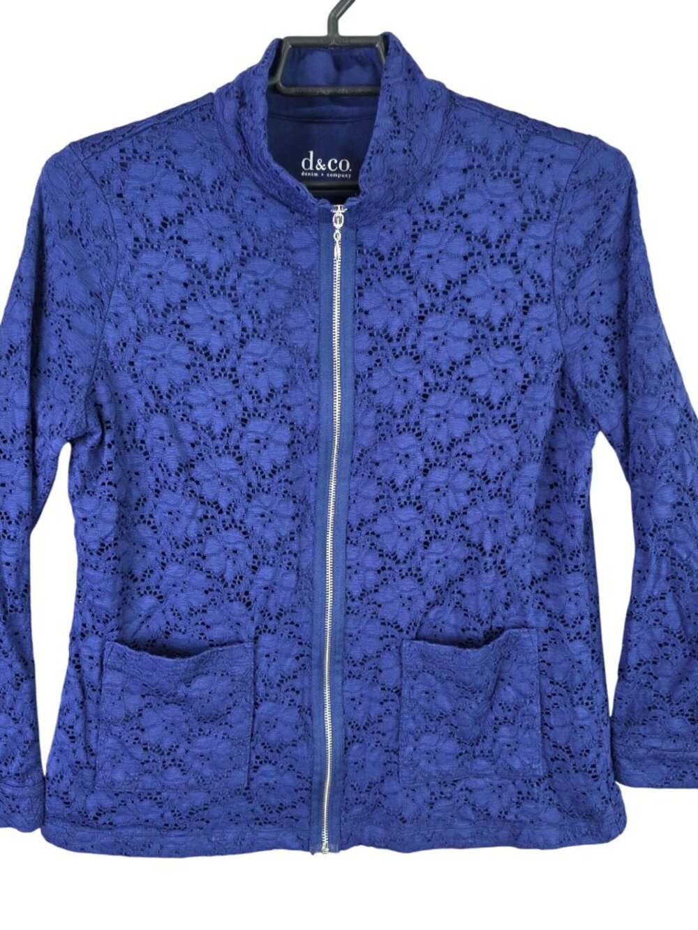 Womens Denim & Co Blue Lace Full Zip Jacket Pockets Nylon Blend Stretch Size M